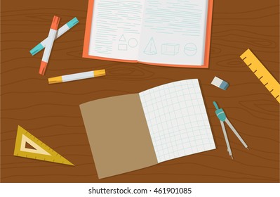 Concept of high school object and college education items with studying and educational elements. Top view of desk background.