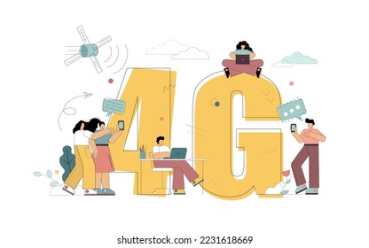 Concept high speed internet. 4G. People with smartphone, laptop, tablet and phone at cityscape telecommunication tower. Vector flat illustration.