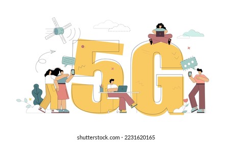 Concept high speed internet. 5G. People with smartphone, laptop, tablet and phone at cityscape telecommunication tower. Vector flat illustration.
