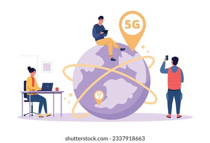 Concept high speed internet 5G. Smartphone wireless technology, wifi connection. Cartoon tiny people workers with mobile phones and laptop, innovative generation vector illustration