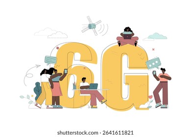 Concept high speed internet. 6G. People  with smartphone, laptop, tablet and phone at city scape telecommunication tower