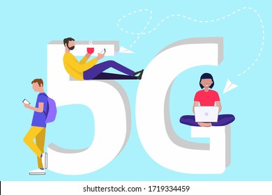 Concept of high speed wireless connection 5G via mobile smartphone, laptop. Flat people with gadgets sitting on the big 5G symbol. Can used for banner, website, landing web page, social media