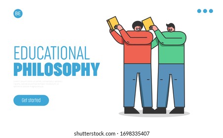 Concepto de Educación Superior. Página de inicio del sitio web. Estudiantes De Carácter Masculino Distraídos De Leer Material De Estudio En La Universidad. Estilo plano de esquema lineal de dibujo de página web. Ilustración vectorial