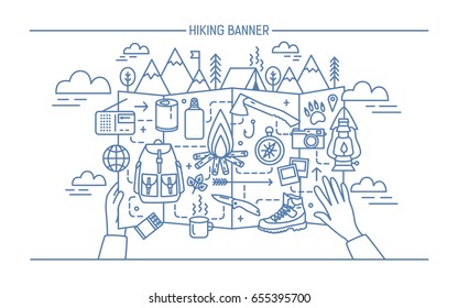 Concept of hiking, backpacking, active vacation, travel. Horizontal banner with tourist accessories and bonfire, tent, mountain. Contour vector illustration in lineart style.