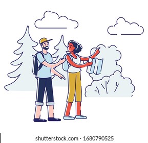 Concept Of Hiking And Camping, Landscapes. People Have A Good Time Outdoor.Couple In Love Male And Female Characters Are Going Hike In Woods. Cartoon Linear Outline Flat Style. Vector Illustration