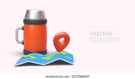 Concept for hiking tourism with 3D illustration. Large red thermos with metal lid cup, world map. Time to travel. Vector banner in positive cartoon style