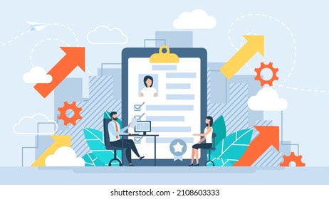 The concept of hiring, interview. Tiny people checking application form for employment. Checking the resume for hiring. Casting for the workplace. Search for employees, job search. Vector illustration