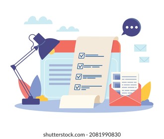 Concept of hiring. Lamp aimed at completed questionnaire. Table with portfolio of potential workers, documents of candidates. Company looking for new partners, hr. Cartoon flat vector illustration