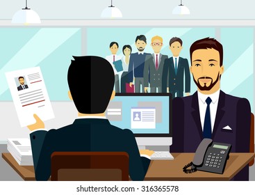 Concept of hiring recruiting interview. Look resume the applicant employer. Candidate and recruitment, hire and interviewer, decision and examination illustration