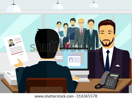 Concept of hiring recruiting interview. Look resume the applicant employer. Candidate and recruitment, hire and interviewer, decision and examination illustration