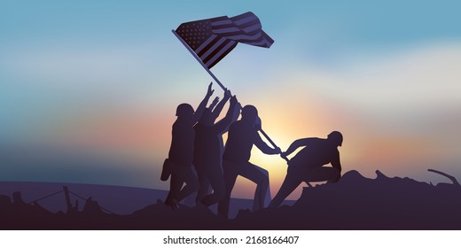 Concept of a historic victory in World War II, with soldiers raising the American flag atop the island of Iwo Jima.