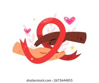 A concept of HIV or AIDS awareness. Awareness, support, solidarity for AIDS sufferers. Illustration of a red ribbon symbol with two hands and a heart symbol. World AIDS Day. Flat style design. White
