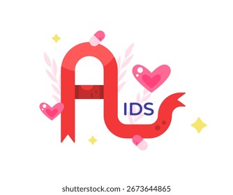 Um conceito de conscientização sobre HIV ou AIDS. Sensibilização, apoio, solidariedade para com os doentes de SIDA. Ilustração de um símbolo de fita vermelha formando a letra A e um símbolo de coração. Dia Mundial da Aids. Design de estilo plano