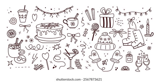 the concept of the holiday: dessert, stars, gift, snow.  line drawing. Holiday design elements are isolated on white background. Simple shape conceptfor winter season cards, for  party poster, banner