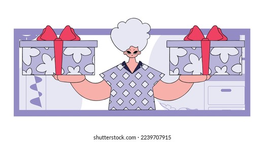The concept of the holiday and gifts. The man is holding gifts. Character in the style of the 90s.
