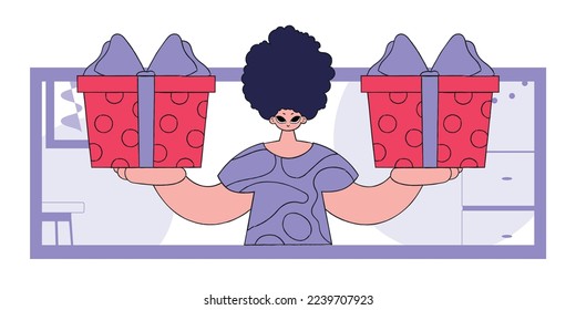 The concept of the holiday and gifts. A man is holding gift boxes. Character in the style of the 90s.