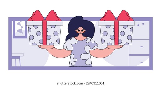 The concept of the holiday and gifts. A woman is holding gift boxes. Character in the style of the 80s and 90s.