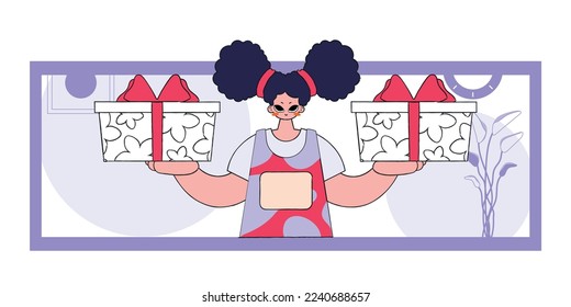 The concept of the holiday and gifts. A woman is holding gift boxes. Bright character in the style of the 80s and 90s.