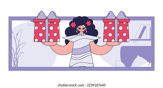The concept of the holiday and gifts. A woman holds two gifts in her hands. Bright character in the style of the 80s and 90s.