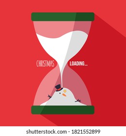 concept holiday merry Christmas loading bar. creative time isolated & waiting for winter. melting or melted white snowman vector cartoon in hourglass. december flat design red background illustration