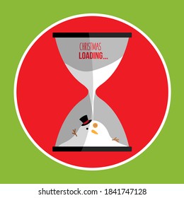 concept holiday merry Christmas loading bar. creative time isolated & waiting for winter. melting or melted white snowman vector cartoon in hourglass. december flat design red background illustration