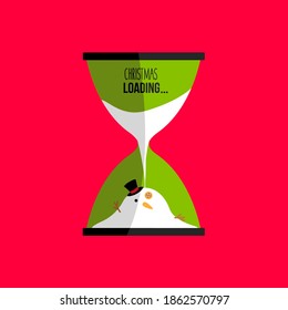 concept holiday merry Christmas loading bar. creative time isolated or waiting for winter. melting or melted white snowman vector cartoon in hourglass. december flat design red background illustration