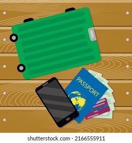 Concept holiday travel vacation or emigration, luggage and passport. Vector illustration. Sea island concept travel, legal immigrant, liesure outdoor trip, summer vacation, moving to another country