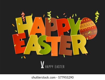 Concept for holiday vector inscription "Happy Easter." Colorful 3d letters with confetti on a black background.