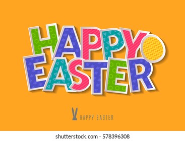 Concept for holiday vector inscription "Happy Easter." Colorful 3d letters with hatching on yellow background.