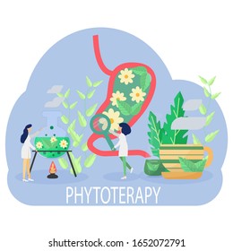 Concept holistic healing flat vector illustration of alternative phytoterapy. Natural, organic homeopathy. Doctors, stomach, herbal tea.