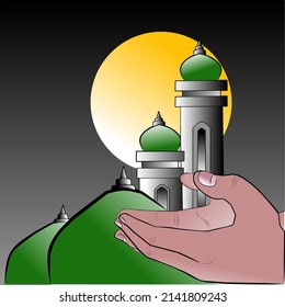 The concept of the holy month of ramadan, vector mosque with praying hands. Muslim celebration day. Islam