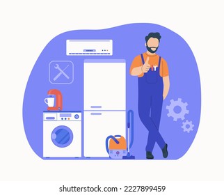 Concept for home appliances repair service
Worker with tools, washing machine, refrigerator, vacuum cleaner and air conditioner in the background. Vector illustration.