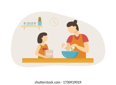 Concept of home cooking with child. Scene of mom baking with her daughter on kitchen. Kid helps parents. Cook together at home in kitchen. Happy motherhood and joint activities. Flat vector cartoon. 