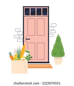 Concept of home delivery of food. Groceries in bag near front door. Online grocery delivery. Concept of contactless delivery. Courier delivery service. Isolated flat vector illustration.