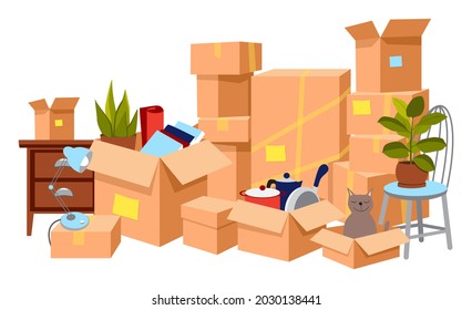 Concept for home moving. Cardboard packaging boxes with various household thing. Kitchen utensils, books, plants, chair, nightstand, funny cat in the box. Cartoon vector illustration in flat style.