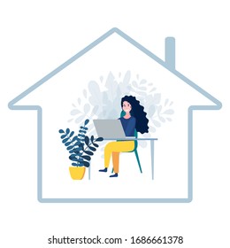 Concept of home office during quarantine. Happy woman working on laptop inside house icon. Female freelance character sitting behind desk near houseplant. Stay at home. Vector flat illustration