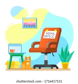 Concept of Home Office. Interior with Red chair and work place at home. Flat design vector illustration