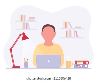 The concept of a home office, a man working at home, sitting at a desk, a student or a freelancer. Office work. Vector illustration in a flat style. Without a face