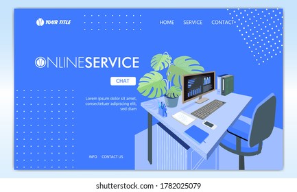 The concept of a Home Office, remote work, freelancing, online service or online consultation. Flat Isometric Vector Illustration of a website template or booklet. With graphic elements, logo.