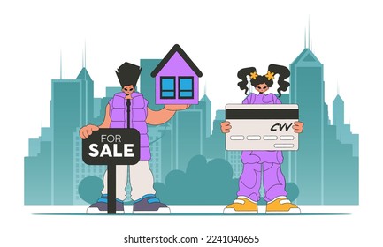 The concept of home ownership. Guy and girl attractive realtor sells a house.