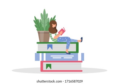 The concept of home schooling. Education, books and textbooks, exam preparation, home schooling. Female character reads books. Vector illustration in flat cartoon style on a white background.