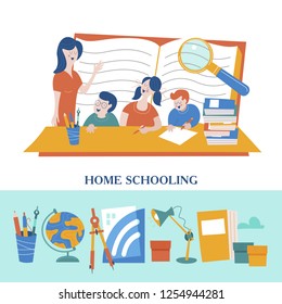 The concept of home schooling. The emblem of home education for large families and families with children with disabilities. Vector illustration.