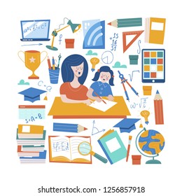 The concept of home schooling. The emblem of home education for large families and families with children with disabilities. Vector illustration.