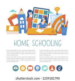 The concept of home schooling. The emblem of home education for large families and families with children with disabilities. Vector illustration.