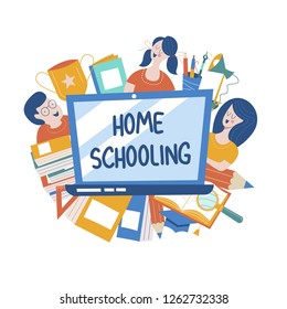 The concept of home schooling. The emblem of home education for large families and families with children with disabilities. Vector illustration.