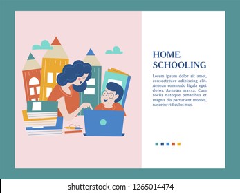 The concept of home schooling. The emblem of home education for large families and families with children with disabilities. Vector illustration.