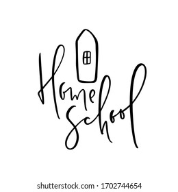 Logo del concepto de escolaridad en el hogar. Texto de la caligrafía de la escuela de origen vectorial e icono de la casa. Por estudiar en casa en línea. emblema de la ilustración de la educación.