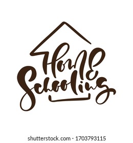 Concept of home schooling logo. Vector Home Schooling calligraphy lettering text and house icon. For studying at home online. Illustration emblem of education