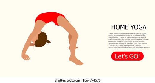 Concept of home sport, online lessons, training, yoga studio. Sporty Young girl gymnast does yoga, sport athlete. Training performance strength gymnastics. Fitness Women for landing page, banner, add.