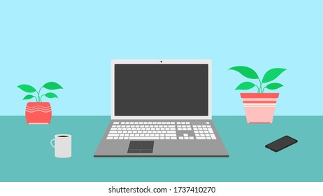 Concept home workplace, remote work from home. Vector illustration of a workspace, on the table a notebook, computer, coffee, smartphone, flowers. On a blue background